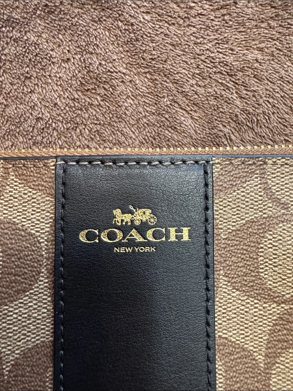 Coach Brown Signature Canvas Wristlet with Black Center Stripe